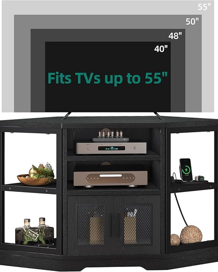 YITAHOME Corner TV Stand for TVs up to 55/50 Inch with Power Outlet, Modern Farmhouse Entertainment Center, Wood TV Media Console with Storage Cabinets Shelves for Living Room, 47" Black - LeafyLoom
