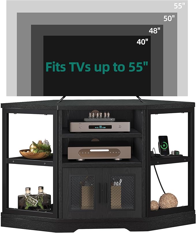 YITAHOME Corner TV Stand for TVs up to 55/50 Inch with Power Outlet, Modern Farmhouse Entertainment Center, Wood TV Media Console with Storage Cabinets Shelves for Living Room, 47" Black - LeafyLoom