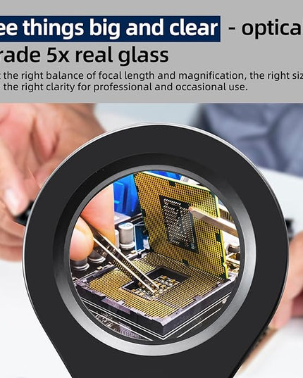 LED Magnifying Lamp with Premium Swing Arm, 5X Magnifying Glass with 5-Color Dimmable Light, Heavy-Duty Work Lamp Hands Free for Crafts, Precision Work, Estheticians - New Rotary Switch Design - LeafyLoom