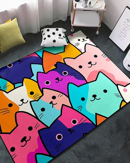 Cat Rug for Girls Bedroom - Cat Area Rug Cartoon Cat Rug Carpet for Kids Room Cute Cat Rugs Room Decor Colorful Anime Rug with Cat Printed, 3x5 Feet - LeafyLoom