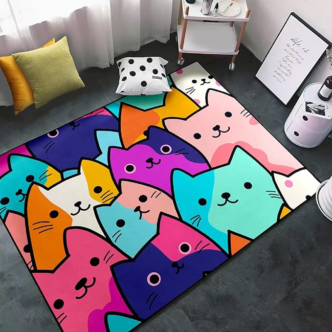 Cat Rug for Girls Bedroom - Cat Area Rug Cartoon Cat Rug Carpet for Kids Room Cute Cat Rugs Room Decor Colorful Anime Rug with Cat Printed, 3x5 Feet - LeafyLoom
