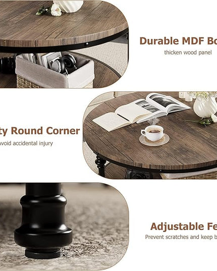 GAOMON Round Coffee Table Rustic Center Table with Storage Shelf 2-Tier Industrial Accent Center Table Wood Circle Coffee Table with Sturdy Metal Legs, Easy Assembly - LeafyLoom