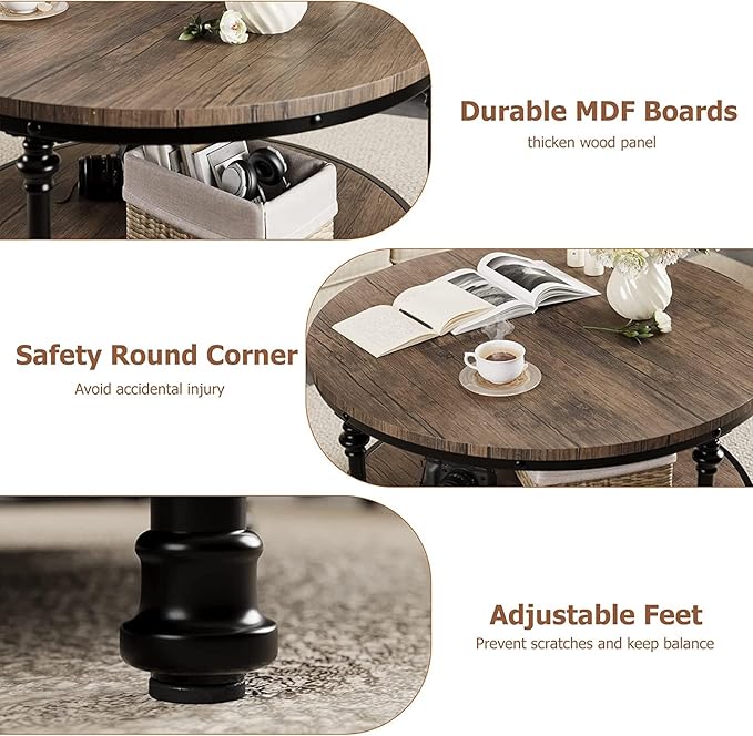 GAOMON Round Coffee Table Rustic Center Table with Storage Shelf 2-Tier Industrial Accent Center Table Wood Circle Coffee Table with Sturdy Metal Legs, Easy Assembly - LeafyLoom