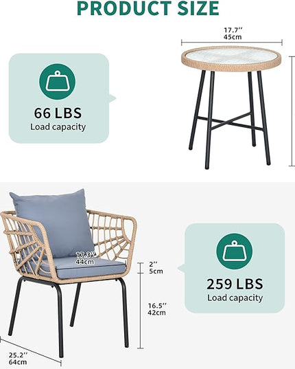 YITAHOME Wicker 3-Piece Outdoor Bistro Set, All-Weather Patio Conversation Set for Balcony, Backyard, Pool, Porch, Deck, Outdoor Sectional Furniture Set with Table & Cushions - Grey - LeafyLoom