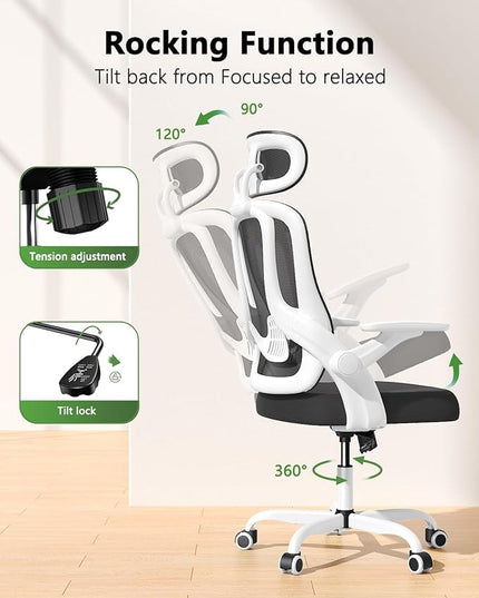 Home Office Desk Chairs, High Back Ergonomic Computer Chair with Flip-up Armrests, Lumbar Support, Mesh Executive Task Chair with Adjustable Headrest, White - LeafyLoom