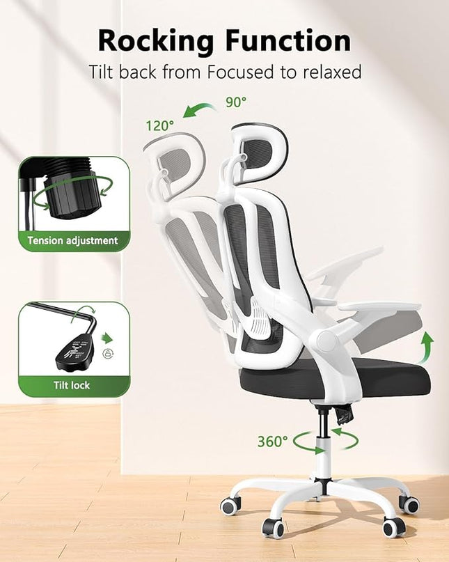 Home Office Desk Chairs, High Back Ergonomic Computer Chair with Flip-up Armrests, Lumbar Support, Mesh Executive Task Chair with Adjustable Headrest, White - LeafyLoom