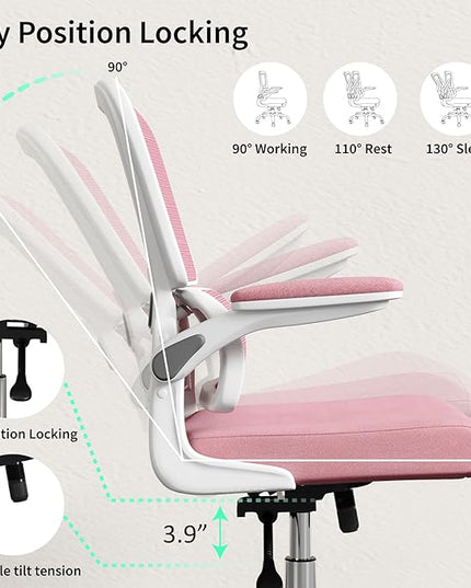 Office Chair, Ergonomic Desk Chair - Thick Cushion Adjustable Height Computer Chair with Lumbar Support and Flip-up Armrests, Pink Home Office Desk Chairs, Swivel Executive Task Chair… - LeafyLoom