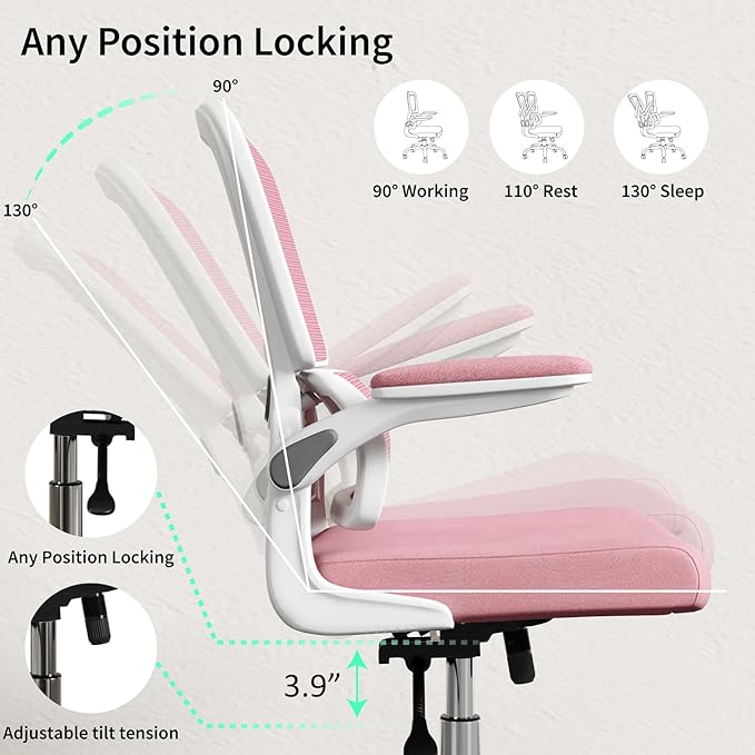 Office Chair, Ergonomic Desk Chair - Thick Cushion Adjustable Height Computer Chair with Lumbar Support and Flip-up Armrests, Pink Home Office Desk Chairs, Swivel Executive Task Chair… - LeafyLoom