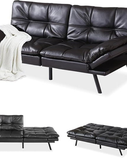 MUUEGM Faux Leather Futon Sofa Bed, Convertible Memory Foam Couch Bed, Modern Love Seat for Living Room,Compact Space,Apartment,Office,Adjustable Backrests Armrests Couch Sleeper,71" Black - LeafyLoom
