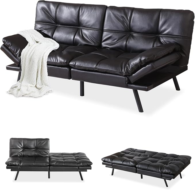 MUUEGM Faux Leather Futon Sofa Bed, Convertible Memory Foam Couch Bed, Modern Love Seat for Living Room,Compact Space,Apartment,Office,Adjustable Backrests Armrests Couch Sleeper,71" Black - LeafyLoom