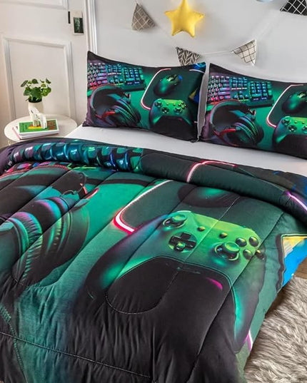 Gamer Comforter Sets for Teen Boys,Gaming Bedding Sets Full,Video Game Bedspread,Game Gamepad Bed Set,Controller Bedding Gamer Home Decor 3 Piece 1 Comforter and 2 Pillowcases - LeafyLoom