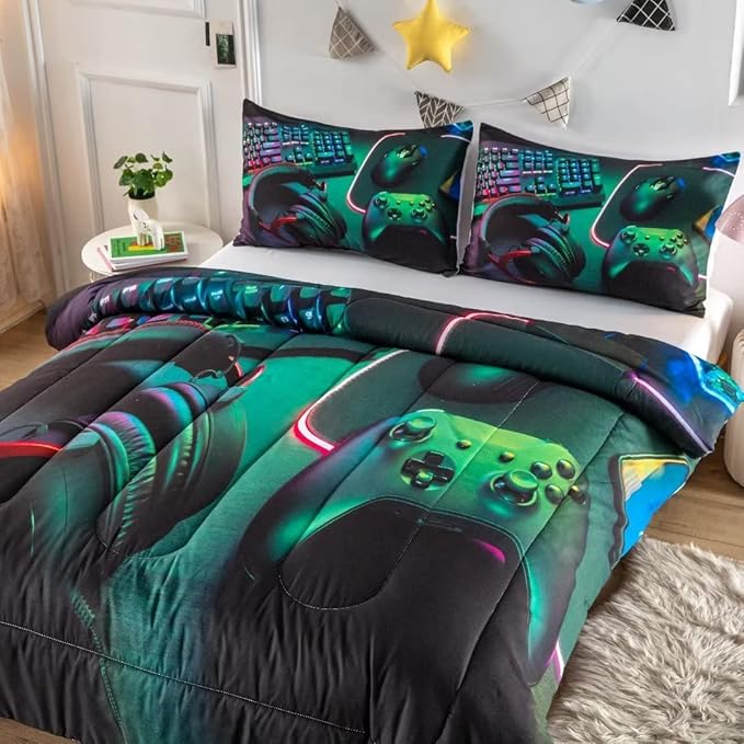 Gamer Comforter Sets for Teen Boys,Gaming Bedding Sets Full,Video Game Bedspread,Game Gamepad Bed Set,Controller Bedding Gamer Home Decor 3 Piece 1 Comforter and 2 Pillowcases - LeafyLoom