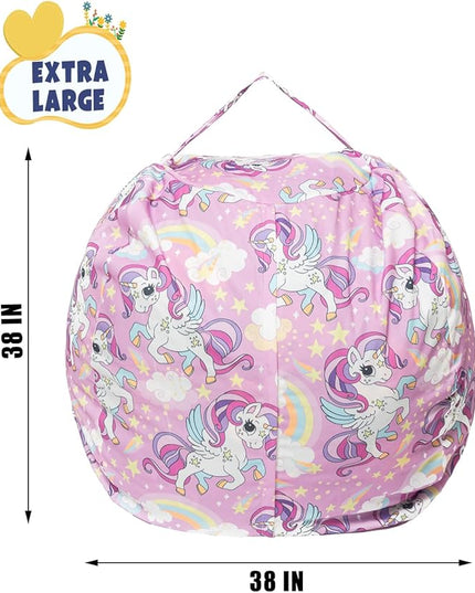 Stuffed Animal Storage Bean Bag Chair Cover, Hold Kids Plush Toys Blankets Towels Beanbag (Cover Only), Canvas Floor Circle Stuff Sit Seat Sofa with YKK Zipper, Extra Large 38", Unicorn - LeafyLoom