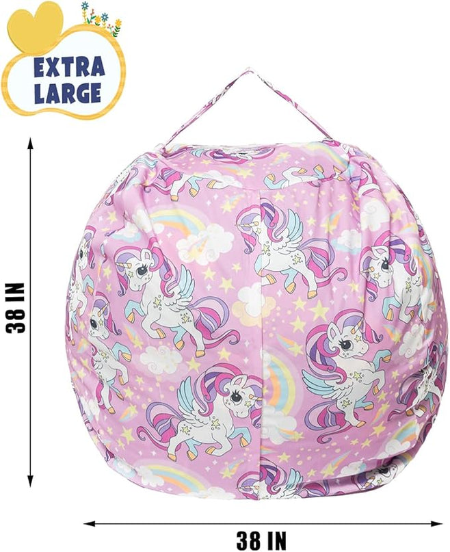 Stuffed Animal Storage Bean Bag Chair Cover, Hold Kids Plush Toys Blankets Towels Beanbag (Cover Only), Canvas Floor Circle Stuff Sit Seat Sofa with YKK Zipper, Extra Large 38", Unicorn - LeafyLoom