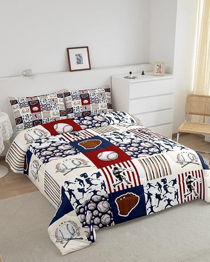 Erosebridal Kids Baseball Full Comforter Set for Boys,Teen Baseball Athlete Bedding Set Room Decor Sports Theme Bed Comforter Sets Baseball Bat Gloves Quilt Duvet with 2 Pillow Cases Red Navy Blue - LeafyLoom
