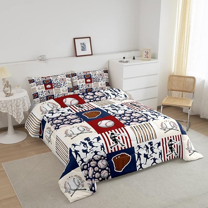 Erosebridal Kids Baseball Full Comforter Set for Boys,Teen Baseball Athlete Bedding Set Room Decor Sports Theme Bed Comforter Sets Baseball Bat Gloves Quilt Duvet with 2 Pillow Cases Red Navy Blue - LeafyLoom