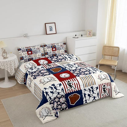 Erosebridal Kids Baseball Full Comforter Set for Boys,Teen Baseball Athlete Bedding Set Room Decor Sports Theme Bed Comforter Sets Baseball Bat Gloves Quilt Duvet with 2 Pillow Cases Red Navy Blue - LeafyLoom