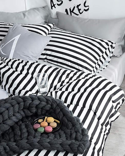 White and Black Stripes Comforter Set Cal King Women Bedding Set Soft Durable White Striated Bedding Set Black Stripes Cal King Quilts Hotel Quality Comforter Girls White Black Stripes Bed Set - LeafyLoom