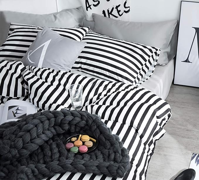 White and Black Stripes Comforter Set Cal King Women Bedding Set Soft Durable White Striated Bedding Set Black Stripes Cal King Quilts Hotel Quality Comforter Girls White Black Stripes Bed Set - LeafyLoom