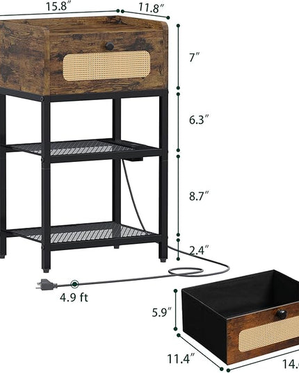 Night Stand set 2, Side Table with Rattan Drawer, Nightstand with Charging Station, Industrial Bedside Table with 3-Tier Storage, Rustic Brown JET003CSR2 - LeafyLoom