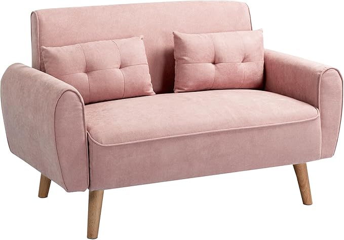 Shintenchi 47" Loveseat Wood Sofa with High-Density Sponge Cushion, Mid-Century Modern Design, Pink - LeafyLoom