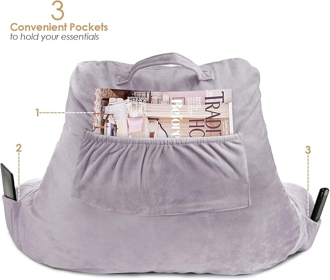 Clara Clark Reading Pillow, Standard Back Pillow for Sitting Up in Bed, Memory Foam Back Support Pillow, Reading Pillows for Sitting in Bed, Grey Lavender Sit Up Pillow for Bed Arm Pillow with Pockets - LeafyLoom