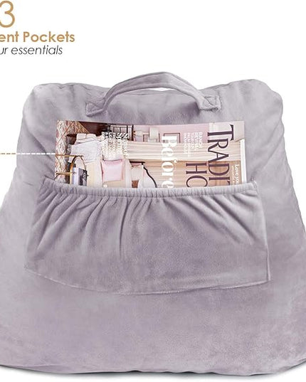 Clara Clark Reading Pillow for Kids, Small Back Pillow for Sitting Up in Bed, Memory Foam Back Support Pillow, Reading Pillows for Sitting in Bed, Grey Lavender Gaming Pillow with Arms and Pockets - LeafyLoom