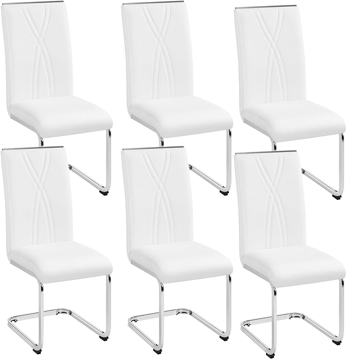 Yaheetech Dining Chairs Set of 6 Modern Dining Room Chairs Kitchen Chairs with Faux Leather Seat, Solid Legs and High Back for Dining Room, Kitchen, White - LeafyLoom