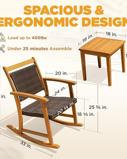 Solid Wood Chairs Set of 2 with End Table, Wicker Rocking Design - LeafyLoom