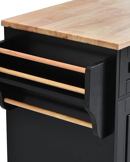 53Inch Rolling Kitchen Island Table with 5 Drawers, Kitchen-Car on Wheels w/Storage Cabinets, Rubber Wood Top, 2 Adjustable Shelf & Towel Handle for Dinning Room, Coffee Bar - LeafyLoom