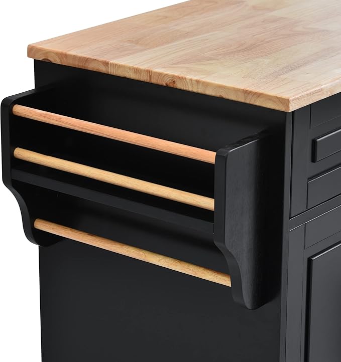 53Inch Rolling Kitchen Island Table with 5 Drawers, Kitchen-Car on Wheels w/Storage Cabinets, Rubber Wood Top, 2 Adjustable Shelf & Towel Handle for Dinning Room, Coffee Bar - LeafyLoom