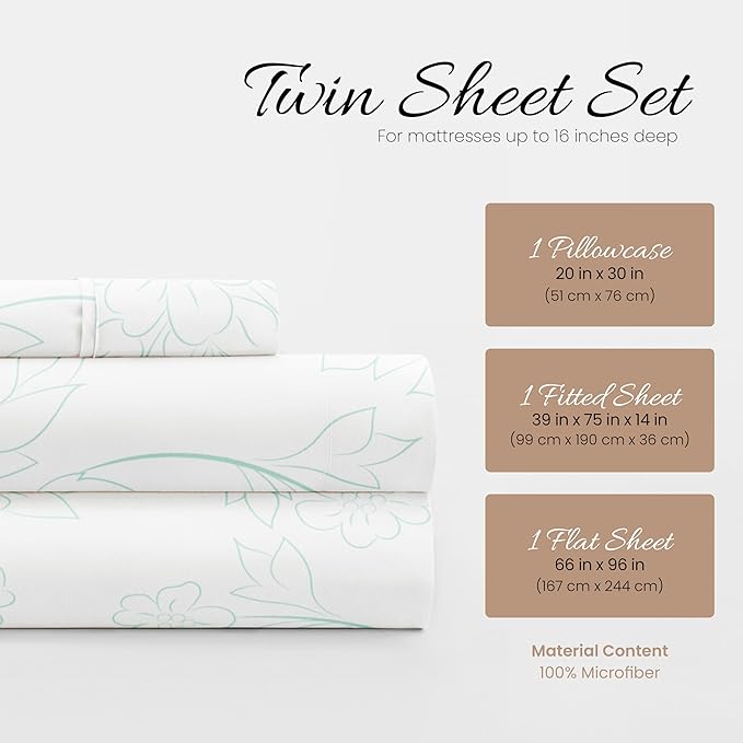 Linen Market 3 Piece Twin Bedding Sheet Set (Aqua Vine) - Sleep Better Than Ever with These Ultra-Soft & Cooling Bed Sheets for Your Twin Size Bed - Deep Pocket Fits 16" Mattress - LeafyLoom