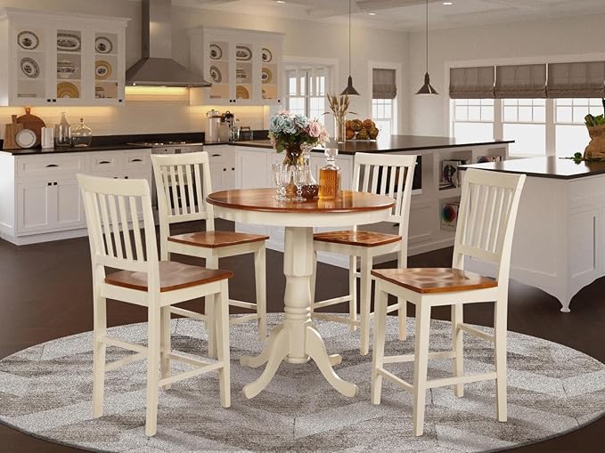 East West Furniture JAVN5-WHI-W 5 Piece Counter Height Dining Set Includes a Round Dining Table with Pedestal and 4 Kitchen Chairs, 36x36 Inch, Buttermilk & Cherry - LeafyLoom