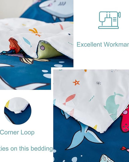 WINLIFE Shark Twin Comforter Set for Boys Blue Ocean Theme Printed Bedding Set, Super Soft and Easy Wash Reversible Kids Bed Set 1 Comforter 2 Pillowcases (3-Pieces, Twin) - LeafyLoom