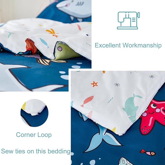 WINLIFE Shark Twin Comforter Set for Boys Blue Ocean Theme Printed Bedding Set, Super Soft and Easy Wash Reversible Kids Bed Set 1 Comforter 2 Pillowcases (3-Pieces, Twin) - LeafyLoom