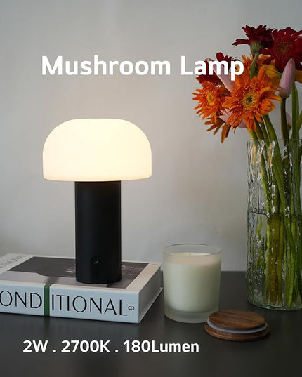 Outdoor Mushroom Table Lamp Rechargeable, Cordless Lamps for Patio Waterproof, Portable Battery Operated Lamp with USB Charging, Touch Dimming Night Light for Home/Porch/Restaurant (Black) - LeafyLoom