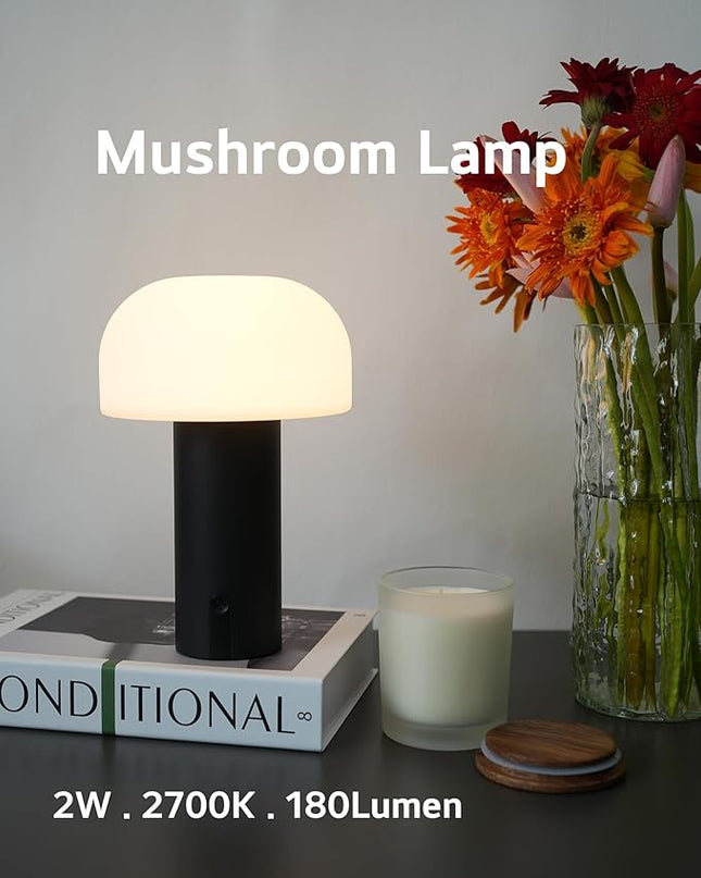 Outdoor Mushroom Table Lamp Rechargeable, Cordless Lamps for Patio Waterproof, Portable Battery Operated Lamp with USB Charging, Touch Dimming Night Light for Home/Porch/Restaurant (Black) - LeafyLoom
