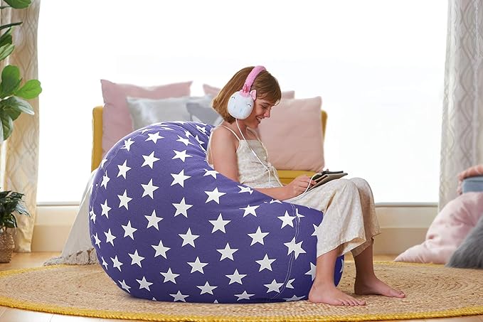 Aubliss Stuffed Animal Storage Bean Bag Chair Cover (No Beans)，Stuff and Sit Storage Bean Bag for Kids Toy Storage, X-Large 48"-Canvas Stars Royal Blue - LeafyLoom