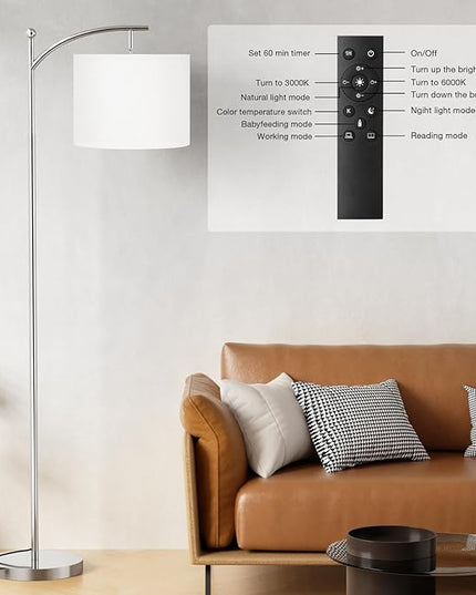 Ambimall Floor Lamp with Remote Control and Stepless Dimmable Bulb, Colors Temperature & Brightness Adjustable, Modern Floor Lamps for Living Room（White Shade & Silver Pole） - LeafyLoom