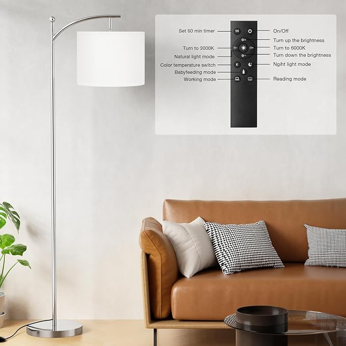 Ambimall Floor Lamp with Remote Control and Stepless Dimmable Bulb, Colors Temperature & Brightness Adjustable, Modern Floor Lamps for Living Room（White Shade & Silver Pole） - LeafyLoom