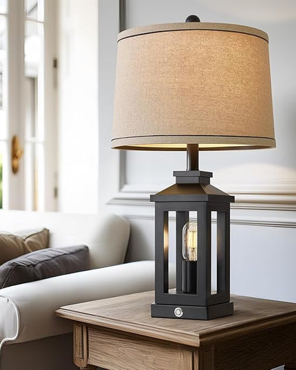 23.75" Retro Farmhouse Black Table Lamp for Living Room Bedroom Nightstand Set of 2 Touch Control Bedside Nightlight Vintage Modern Lamp with USB C+A Ports and 2 Light Sources - LeafyLoom