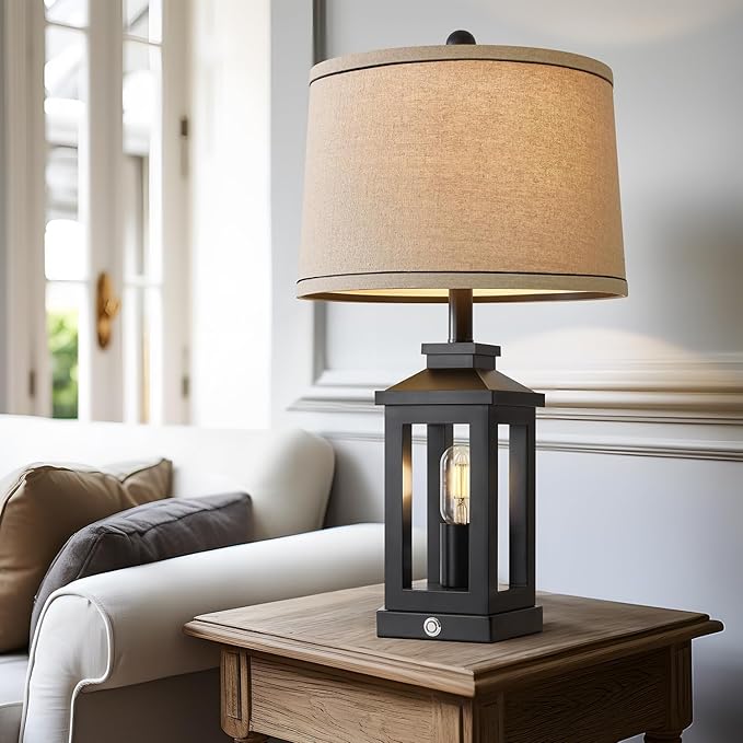 23.75" Retro Farmhouse Black Table Lamp for Living Room Bedroom Nightstand Set of 2 Touch Control Bedside Nightlight Vintage Modern Lamp with USB C+A Ports and 2 Light Sources - LeafyLoom