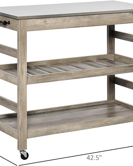 HOMCOM Rolling Kitchen Cart with Stainless Steel Countertop, 1 Bottom Shelf, 1 Slotted Middle Shelf and 4 Castor Wheels, Grey - LeafyLoom