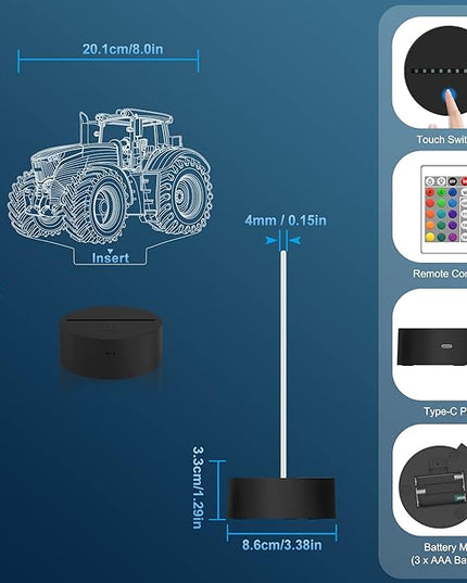 Attivolife Tractor 3D Illusion Night Lamp, 16 Color Changing Dimmable Hologram Lighting, Timer Toy USB Charge Table Desk Bedroom Decoration Creative Gift for Kid Boy with Remote Control - LeafyLoom