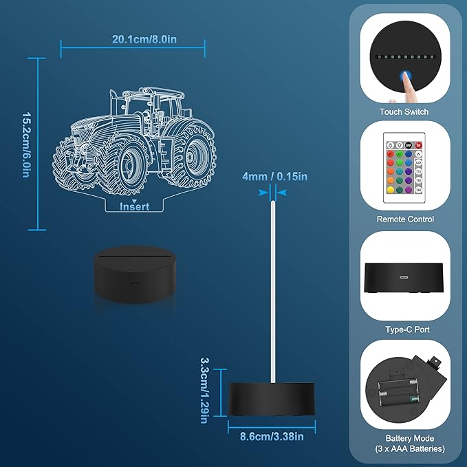Attivolife Tractor 3D Illusion Night Lamp, 16 Color Changing Dimmable Hologram Lighting, Timer Toy USB Charge Table Desk Bedroom Decoration Creative Gift for Kid Boy with Remote Control - LeafyLoom