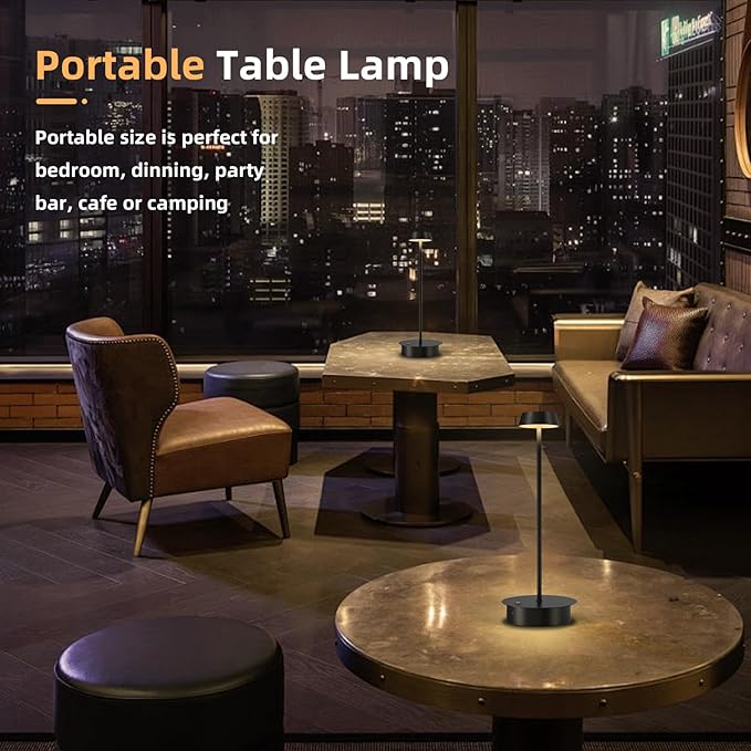 2 Pack Cordless Table Lamp Rechargeable: 5000mAh Battery Operated LED Desk Lamp, 3 Color Stepless Dimming, Portable Table Light Outdoor for Dinner/Patio/Restaurant/Bar/Bedroom-Black - LeafyLoom