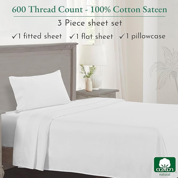 California Design Den Luxury Twin XL Sheet Set - 100% Cotton, 600 Thread Count Deep Pocket XL Twin Sheets, Soft Hotel-Quality Bedding with Sateen Weave - Bright White - LeafyLoom