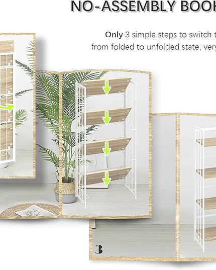 4NM No-Assembly 4 Tiers Folding Bookshelf Storage Shelves Vintage Bookcase Standing Racks Study Organizer Home Office - Natural and White - LeafyLoom