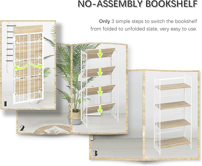 4NM No-Assembly 4 Tiers Folding Bookshelf Storage Shelves Vintage Bookcase Standing Racks Study Organizer Home Office - Natural and White - LeafyLoom