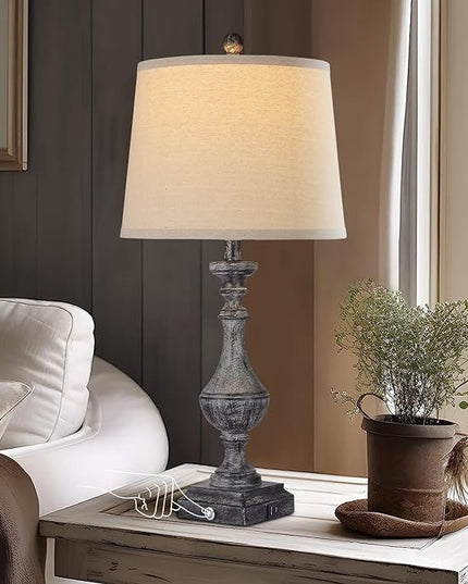 AKASUKI 27.5 Inch Drak Grey Farmhouse Table Lamps for Living Room Set of 2 with USB and Type-C Port, 3-Way Dimmable Table Lamps for Bedroom Vintage Rustic Bedside Lamps for bedrooms(Bulbs Included) - LeafyLoom
